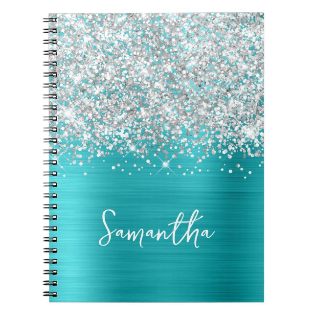 Caderno Espiral Glittery Silver Turquoise Blue Glam Nome do Script (Frente)