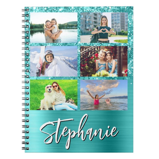 Caderno Espiral Glittery Turquoise Blue Glam 6 Photo Collage (Frente)