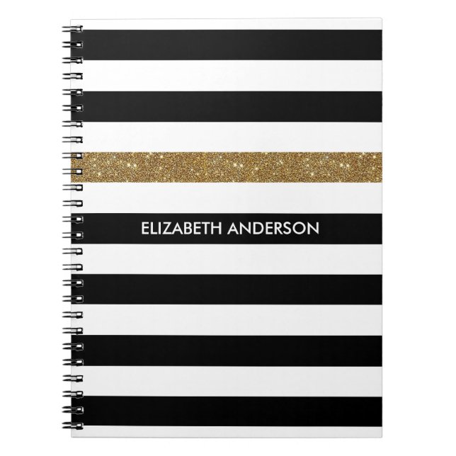Caderno Espiral Glitz e nome Dourados de FAUX em Black Stripes Mod (Frente)