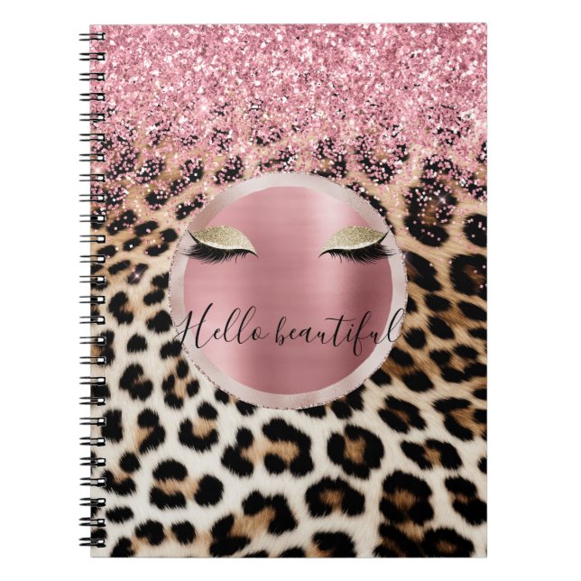 Caderno Espiral Glitzy Cor de rosa Leve Dourada Eyelashes Leopardo (Frente)
