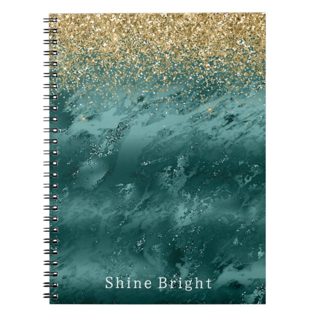 Caderno Espiral Glitzy Emerald Green Ombre Marble Dourado Glitter (Frente)