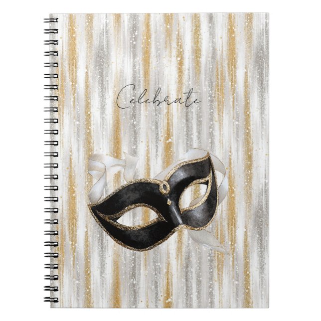 Caderno Espiral Glitzy Gold Silver Celebrate Mask (Frente)