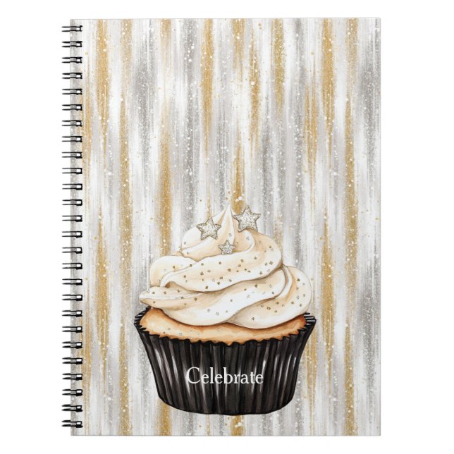 Caderno Espiral Glitzy Gold Silver Stars Cupcake Celebrate (Frente)