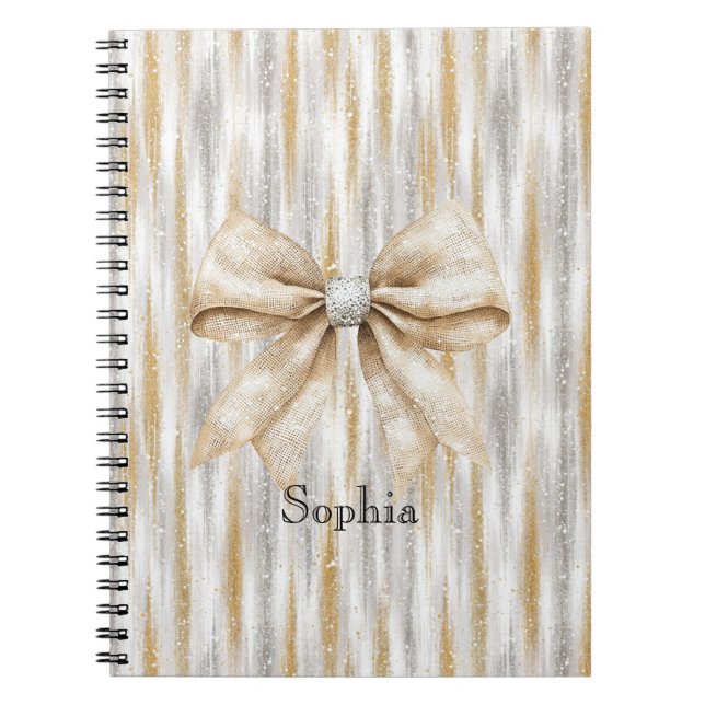Caderno Espiral Glitzy Silver Gold Stripes Cream Bow (Frente)
