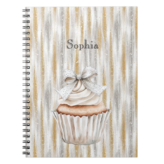 Caderno Espiral Glitzy Silver Gold Stripes White Cupcake Bow   (Frente)