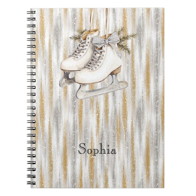 Caderno Espiral Glitzy Silver Gold Stripes White Ice Skate (Frente)