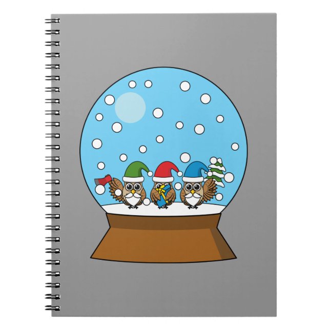 Caderno Espiral Globo de Neve com Três Corujas Gnomo (Frente)