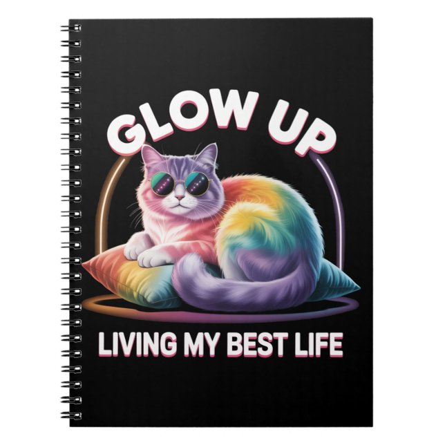 Caderno Espiral Glow Up Cat  | Living My Best Life Rainbow (Frente)