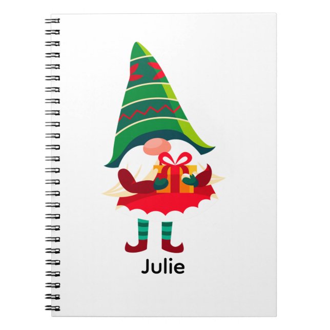 Caderno Espiral Gnomo de Natal personalizado segurando uma caixa d (Frente)