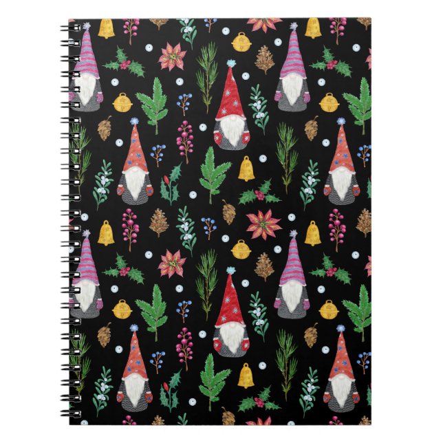 Caderno Espiral Gnomos de Natal: Padrão Festivo Sem Costura (Frente)