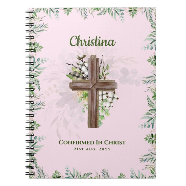 Caderno Espiral Godchild CONFIRMATION Pink Greenery Cross (Frente)