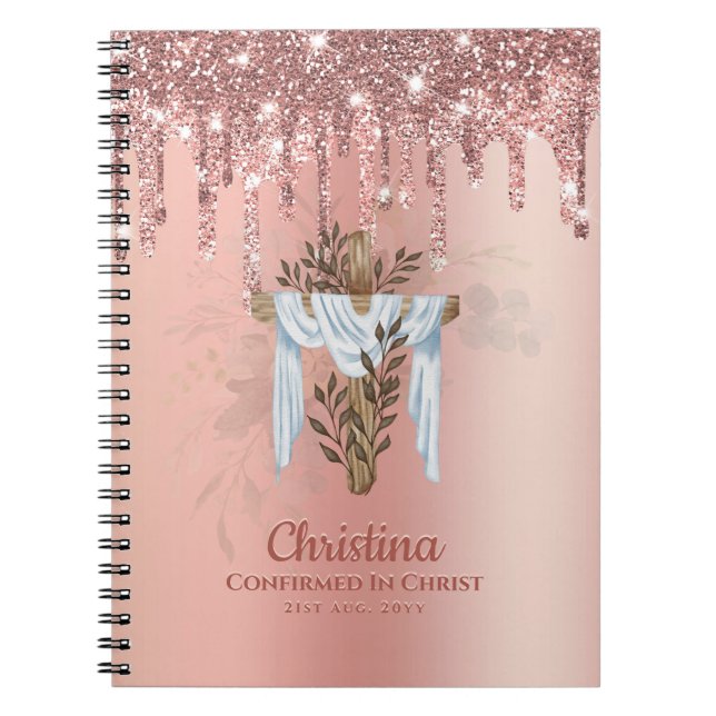 Caderno Espiral Godchild CONFIRMATION Rosegold Glitter Cross (Frente)