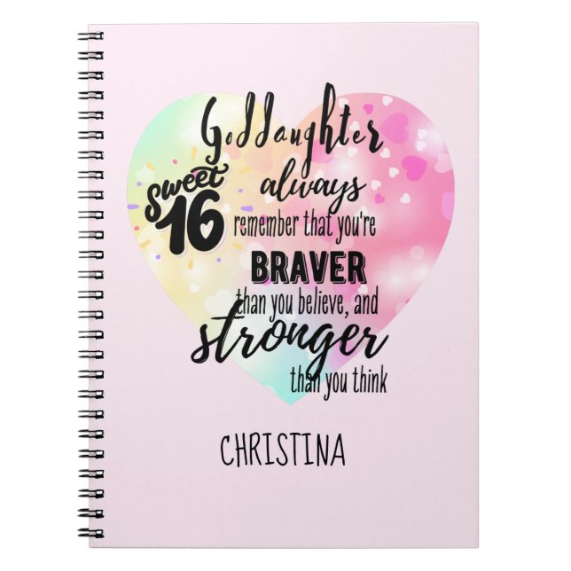Caderno Espiral GodFilha Sweet16 Citação Gift Braver Stronger (Frente)