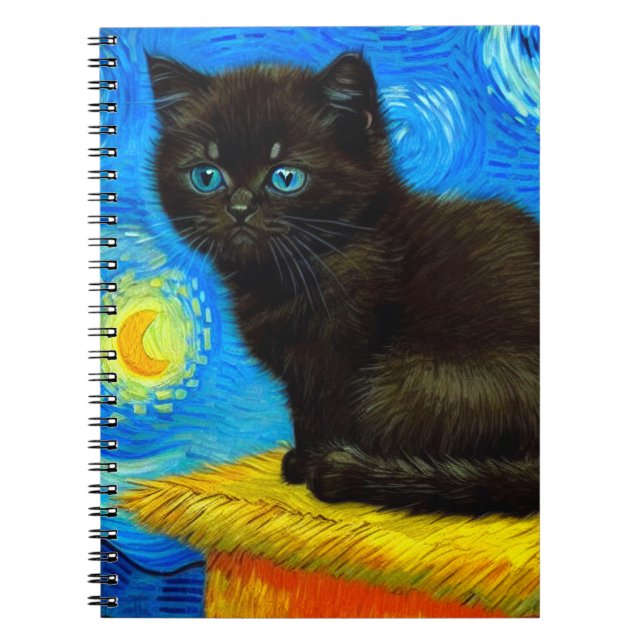Caderno Espiral Gogh Style Starry Night Cat (Frente)