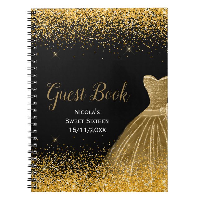 Caderno Espiral Gold Dress Faux Glitter Sweet 16 Guest Book (Frente)