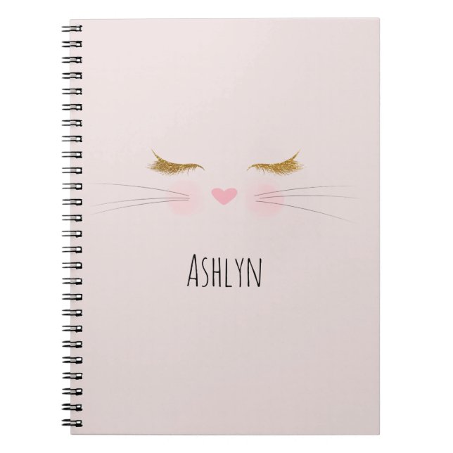 Caderno Espiral Gold Glitter Eyelashes Pink Nose Kitty Cat Face (Frente)