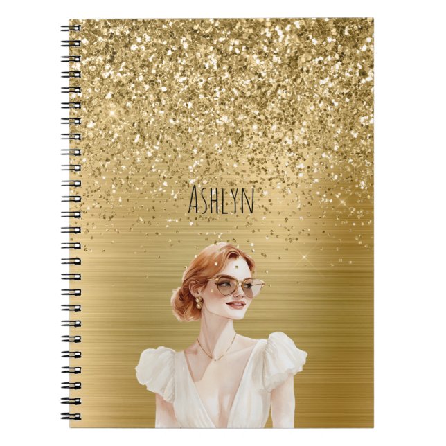 Caderno Espiral Gold Glitter Lady Red Hair (Frente)