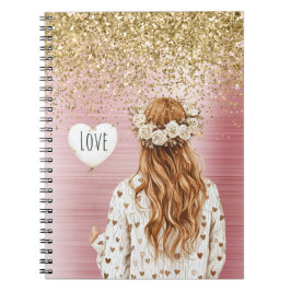Caderno Espiral Gold Glitter White Hearts Balloon Red Head Female