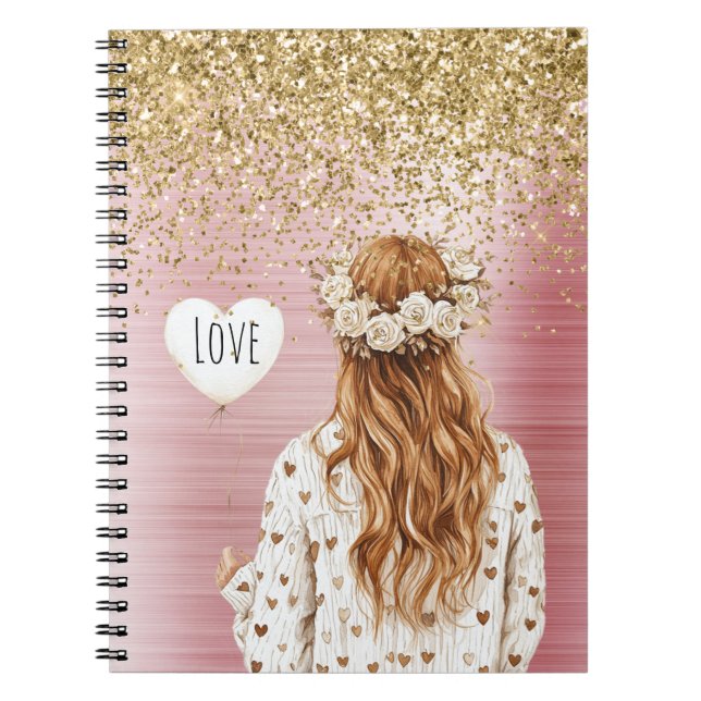 Caderno Espiral Gold Glitter White Hearts Balloon Red Head Female (Frente)