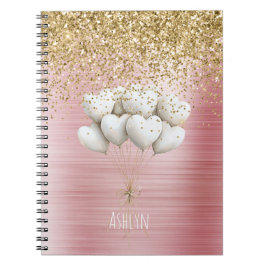 Caderno Espiral Gold Glitter White Hearts Balloons