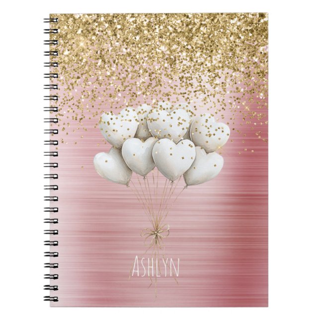 Caderno Espiral Gold Glitter White Hearts Balloons (Frente)