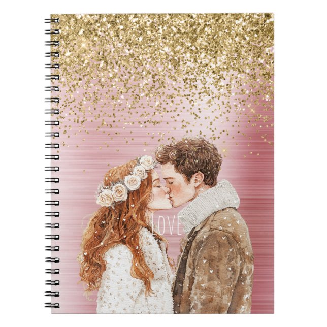 Caderno Espiral Gold Glitter White Hearts Balloons (Frente)