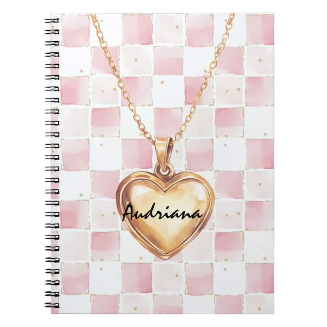 Caderno Espiral Gold Heart Necklace Pink White Squares (Frente)