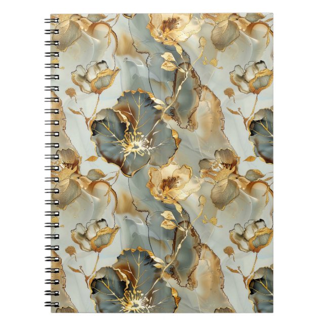 Caderno Espiral Golden Blues Grays Ink Floral Watercolor (Frente)