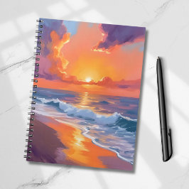 Caderno Espiral Golden Hour Orange Sunset Beach Ocean Painting