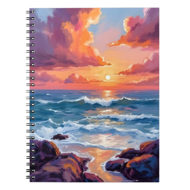 Caderno Espiral Golden Ocean Sunset | Watercolor Coastal Radiant (Frente)