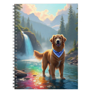 Caderno Espiral Golden Retriever em um rio de arco-íris fantástico