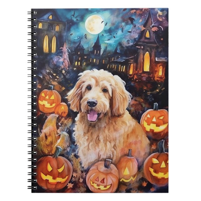 Caderno Espiral Goldendoodle de Halloween com Abóboras Assustadora (Frente)