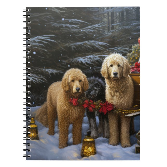 Caderno Espiral Goldendoodle Snowy Sleigh Decência de Natal (Frente)