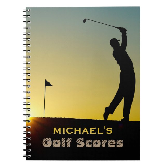 Caderno Espiral Golfer em Pontuações Douradas Sunset Personalizado (Frente)