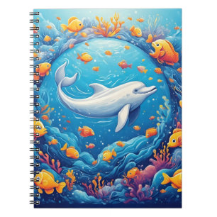 Caderno Espiral Golfinho Rodeado por Peixes Tropicais Vibrantes