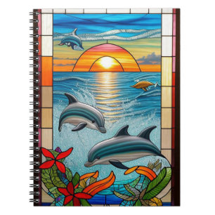 Caderno Espiral Golfinhos Saltando ao Pôr do Sol no Oceano