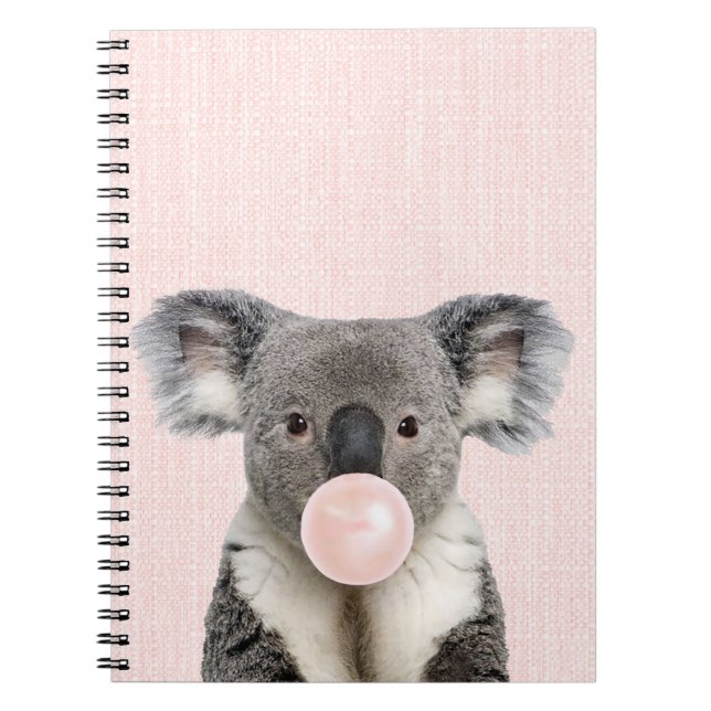 Caderno Espiral Goma de bolhas rosa soprando o Urso Koala (Frente)