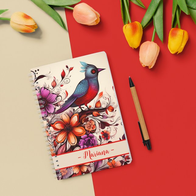 Caderno Espiral Gorgeous Red bird e floral — Nome personalizado Su (Gorgeous Red bird and floral custom name Summer Notebook)