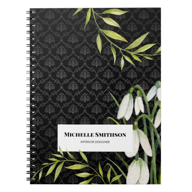 Caderno Espiral Gotas de neve brancas e Laurel Damask (Frente)
