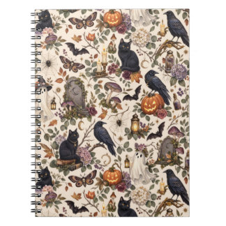 Caderno Espiral Gothic Halloween Ravens Cats Ghosts Floral Pattern