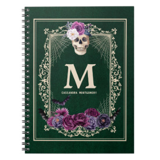 Caderno Espiral Gótica Floral Crânio Personalizado Monograma e Nom