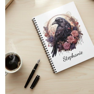 Caderno Espiral Gótico Corvo Vintage Rosa Floral Dark Academia