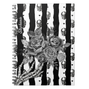Caderno Espiral Gótico Monocromático Listrado Caveiras e Rosas
