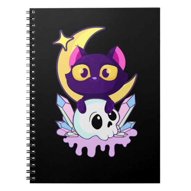 Caderno Espiral Gótico Pastel Moon Wiccan Animal Cat Skull (Frente)