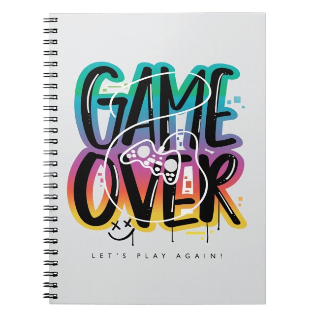 Caderno Espiral Graffiti de joystick de jogador game over (Frente)