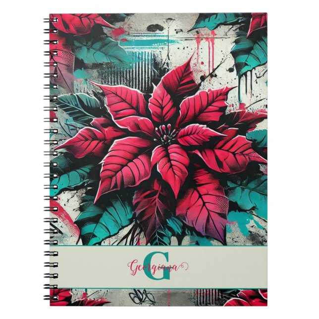 Caderno Espiral Grafite Grungy Poinsettia Floral Personalizado (Frente)