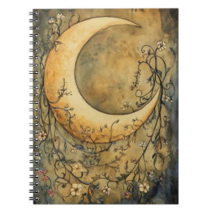 Caderno Espiral grande lua crescente rodeada por floral delicada