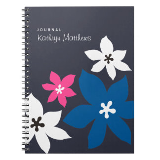 Caderno Espiral Grande revista de flores modernas em azul naval