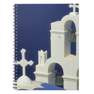 Caderno Espiral Grécia, Santorini. Vista de uma igreja grega e