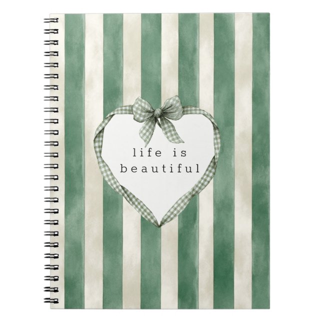 Caderno Espiral Green Cream Stripes Heart Bow (Frente)